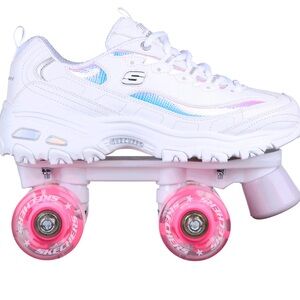 Skechers White and Pink Roller Shoes 4 Wheeler Skates